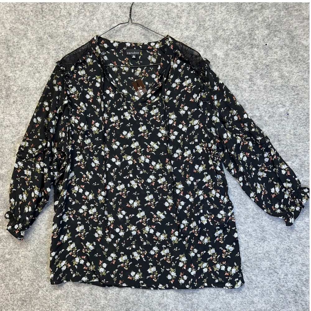 Zenobia‎ Floral Blouse Womens 1XL Black NWT Lace Shoulder Ruffle Tie Neck Top